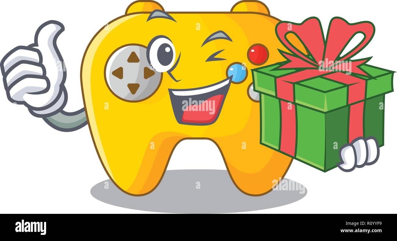 With gift Video game controller shaped on charcter Stock Vector