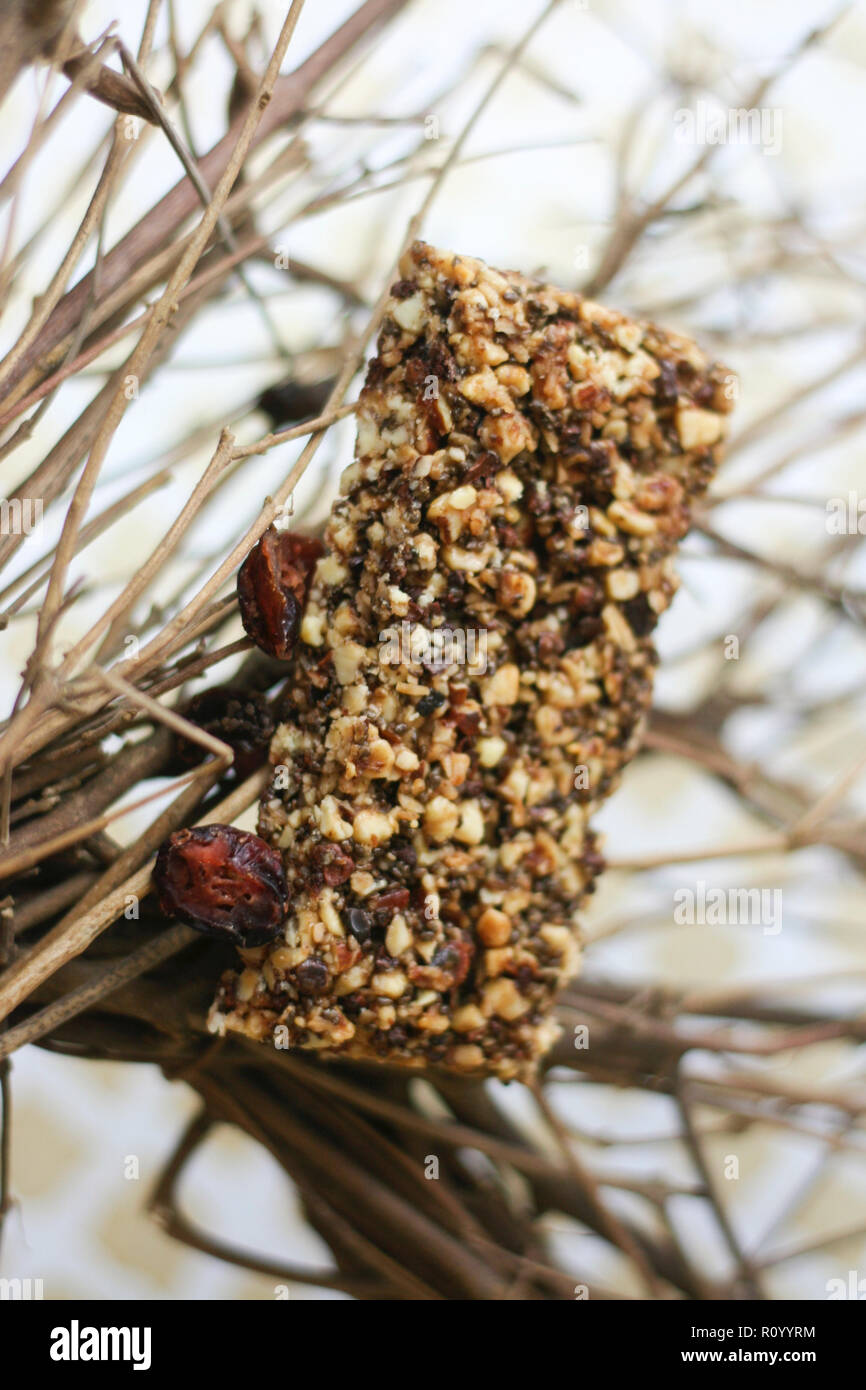Healthy, natural granola bar with oats, nuts, and fruit sitting on