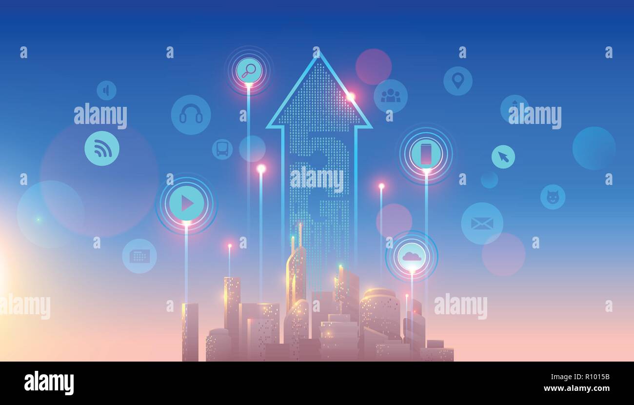 5g lte network logo over the smart city with icons of town infrastructure. devices connection via high speed, broadband telecommunication wireless internet. Skyscrapers in sunrise. Stock Vector