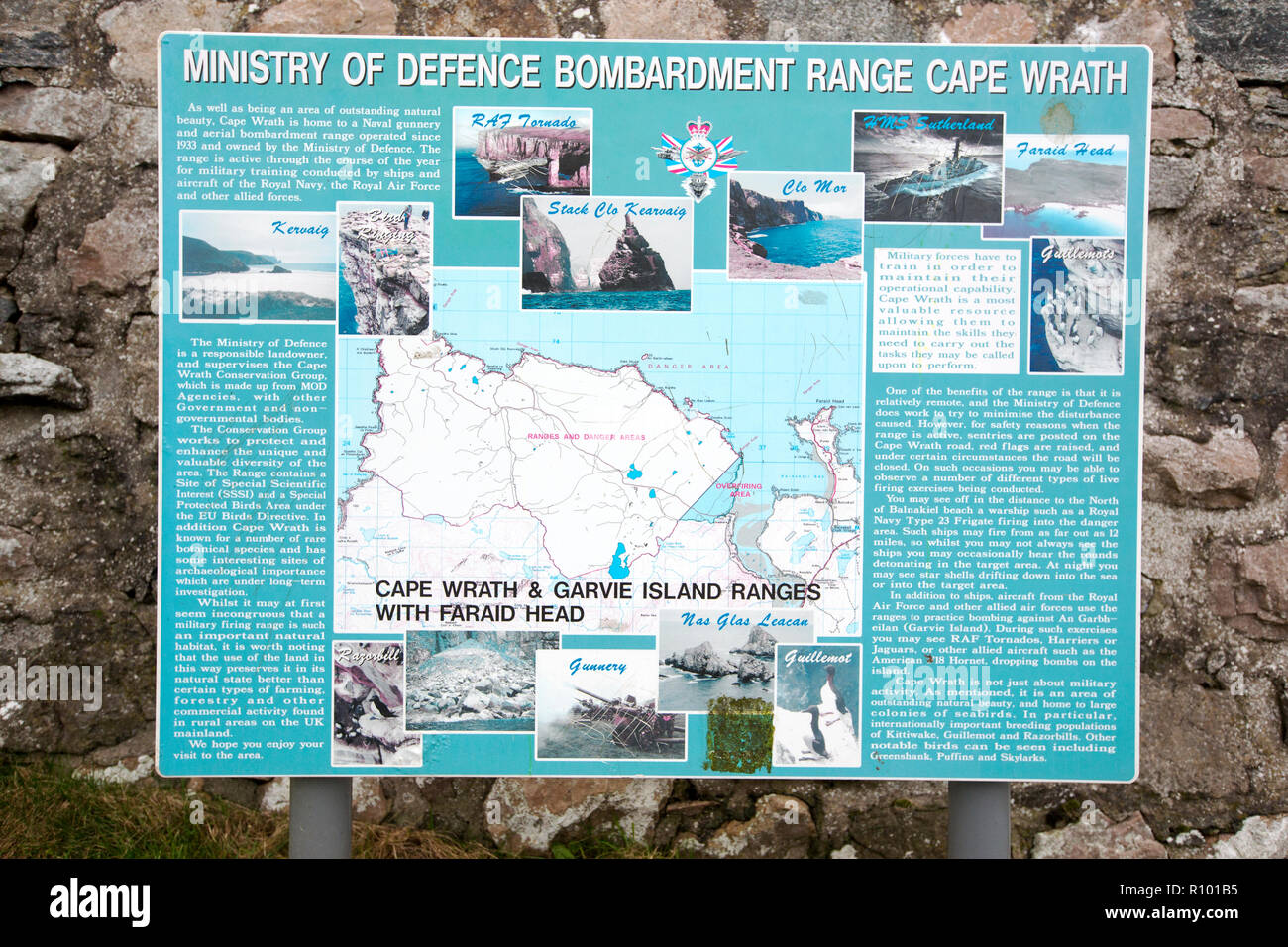 A sign about the Cape Wrath bombing range near Durness, Sutherland, UK. Stock Photo