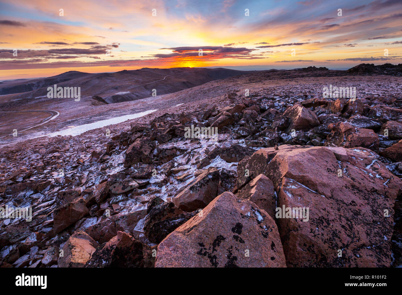 Beautiful landscape of  Beartooth Pass. Shoshone National Forest, Wyoming, USA. Sunrise scene. Stock Photo