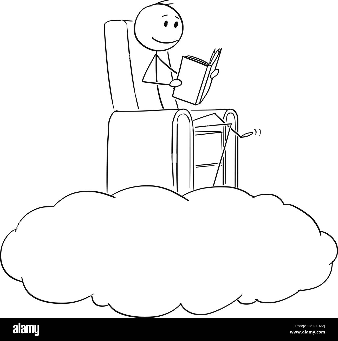 Cartoon of Man and Dreamer Reading a Book on a Cloud Stock Vector
