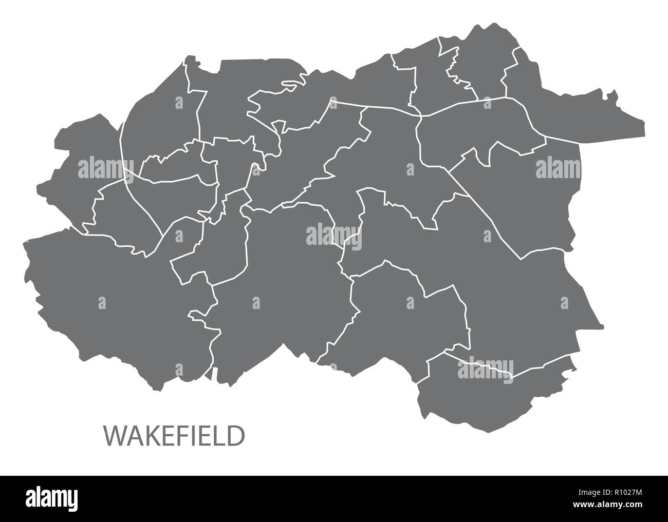 Wakefield city map with wards grey illustration silhouette shape Stock Vector