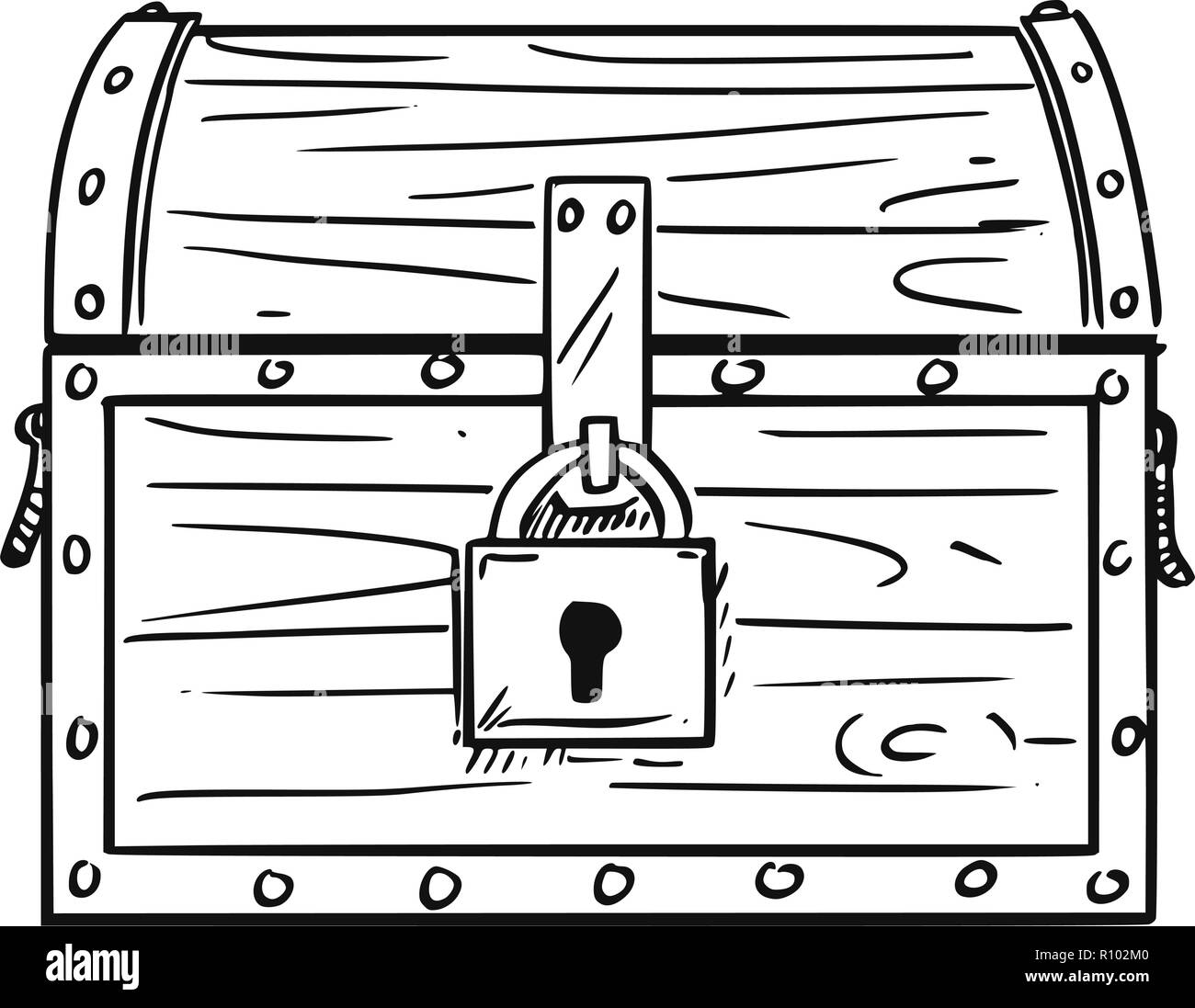 Cartoon drawing illustration of locked antique wooden treasure chest box. Stock Vector
