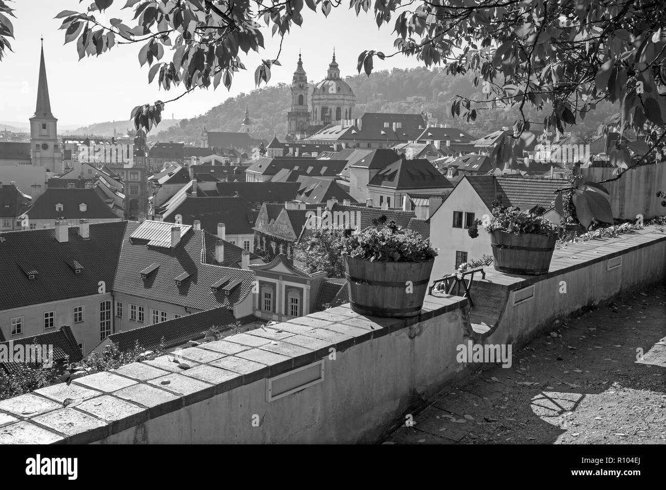 Prague - The outlook from the gardens under the Castle to Mala Strana, St. Nicholas, and St. Thomas church. Stock Photo