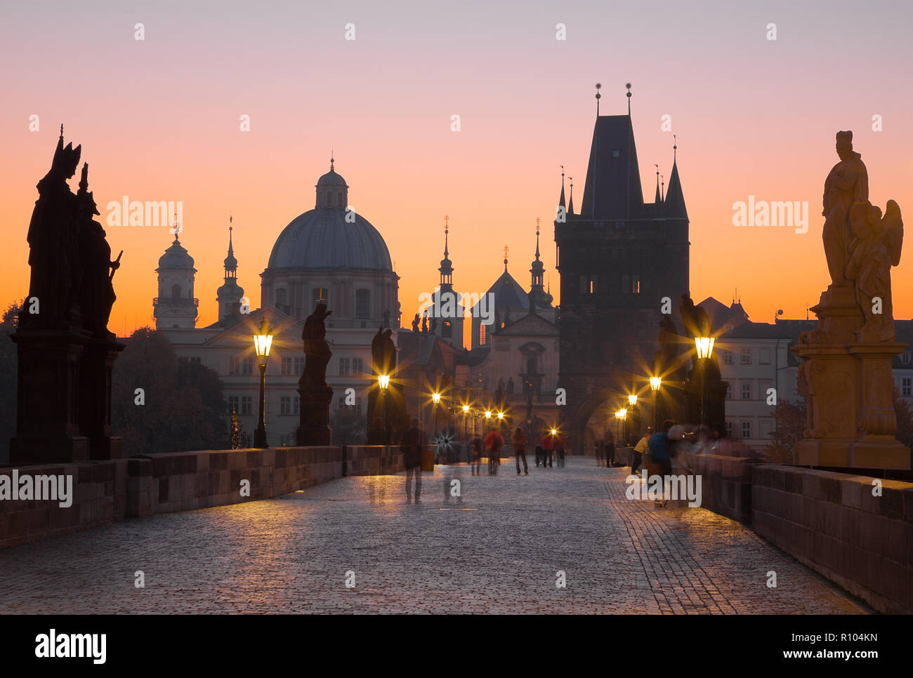 Praghe - The Charles bridge at dusk. Stock Photo