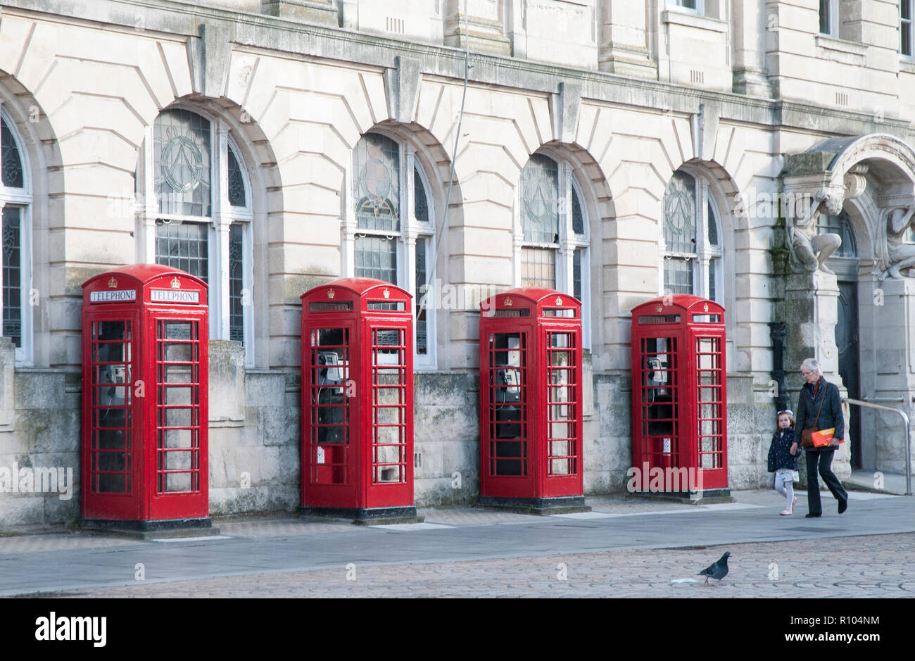 Row of four old style K2 phone boxes outside old General Post Office