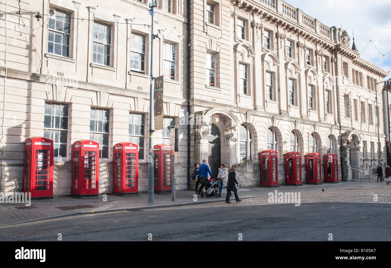 Row of eight old style K2 phone boxes outside old General Post Office