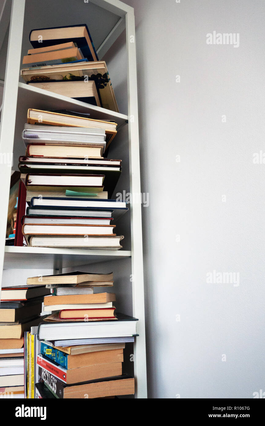 photograph of the sides of a pile of hardbacked books on a white shelf ...