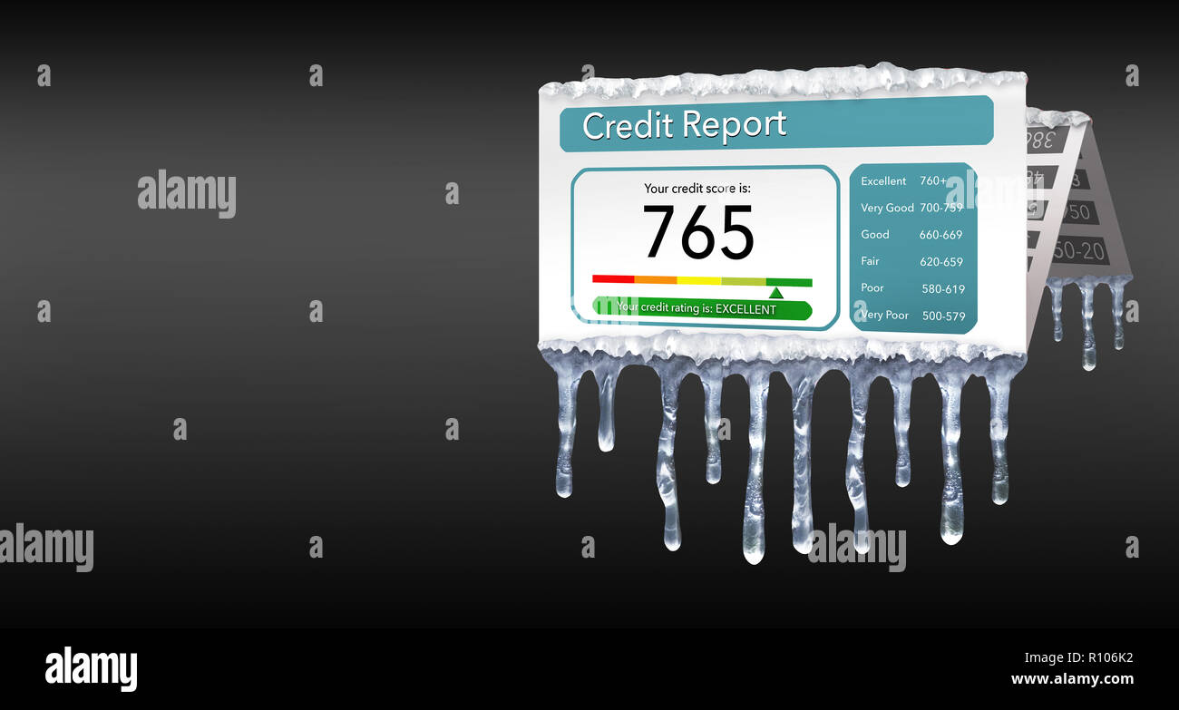 A credit freeze, or freeze on your credit report is represented with icicles and snow on a mock