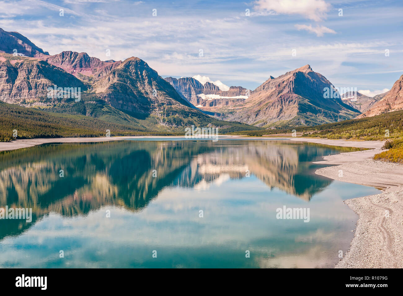 Lake Sherburne is located in the Many Glacier region of Glacier National Park. Montana. USA Stock Photo