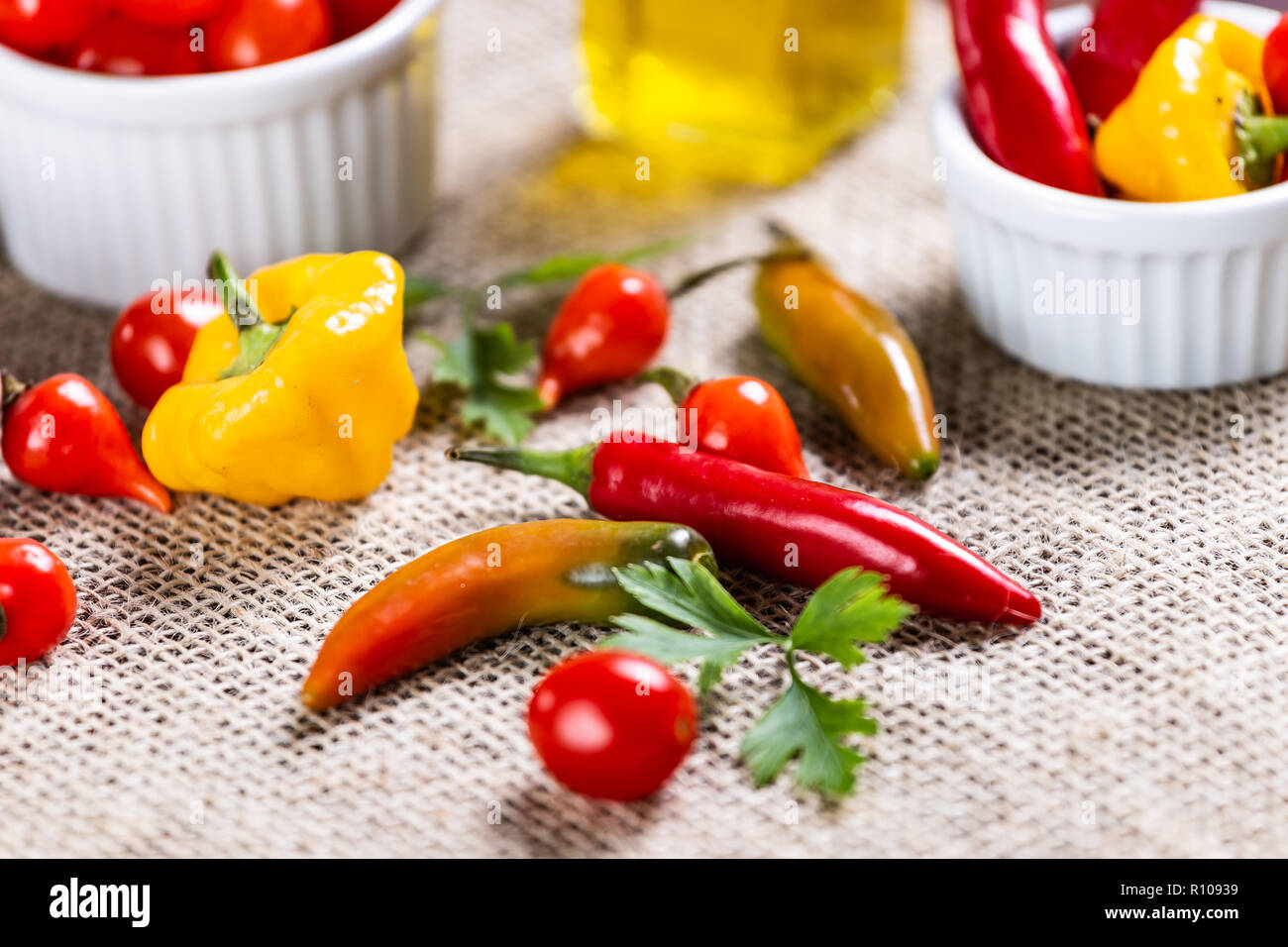 mix of peppers with tomato, garlic and olive oil. Stock Photo