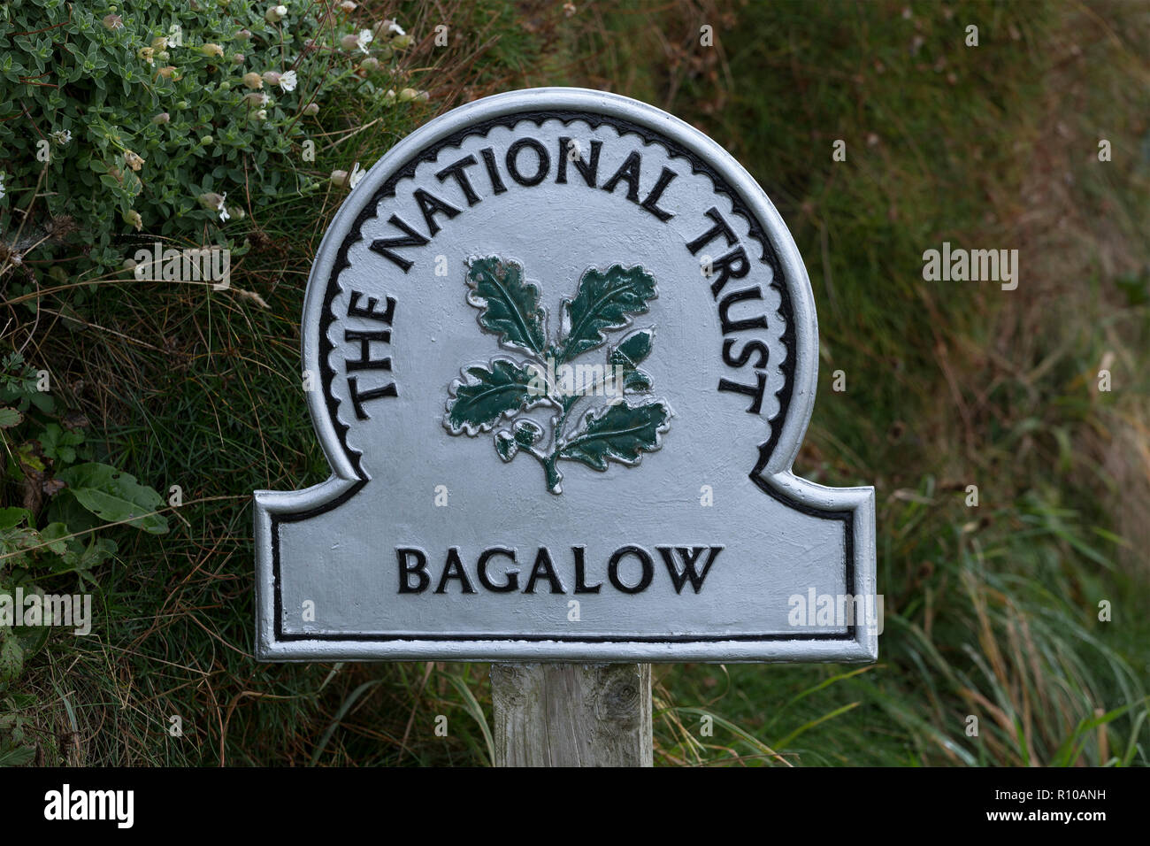 National Trust sign, Bagalow, South West Coast Path near Tintagel, Cornwall, England, Great Britain Stock Photo
