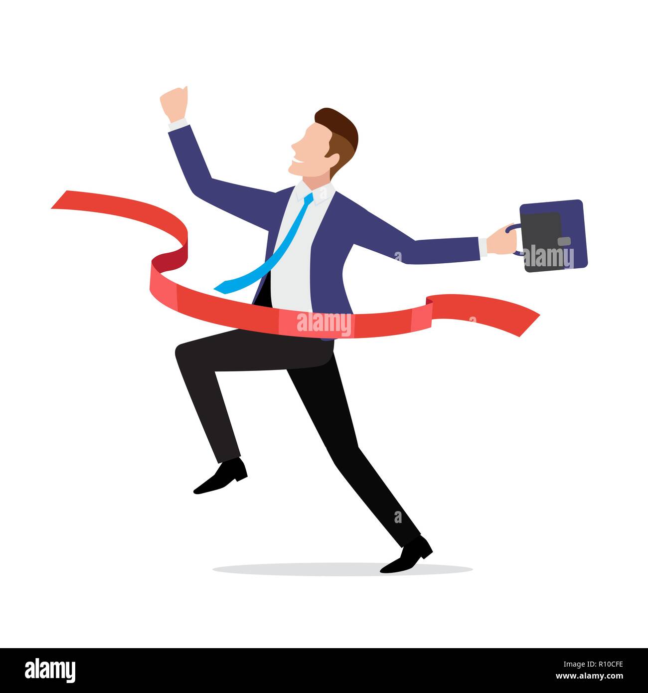 Businessman in suit crossing red finish line, ribbon Stock Vector