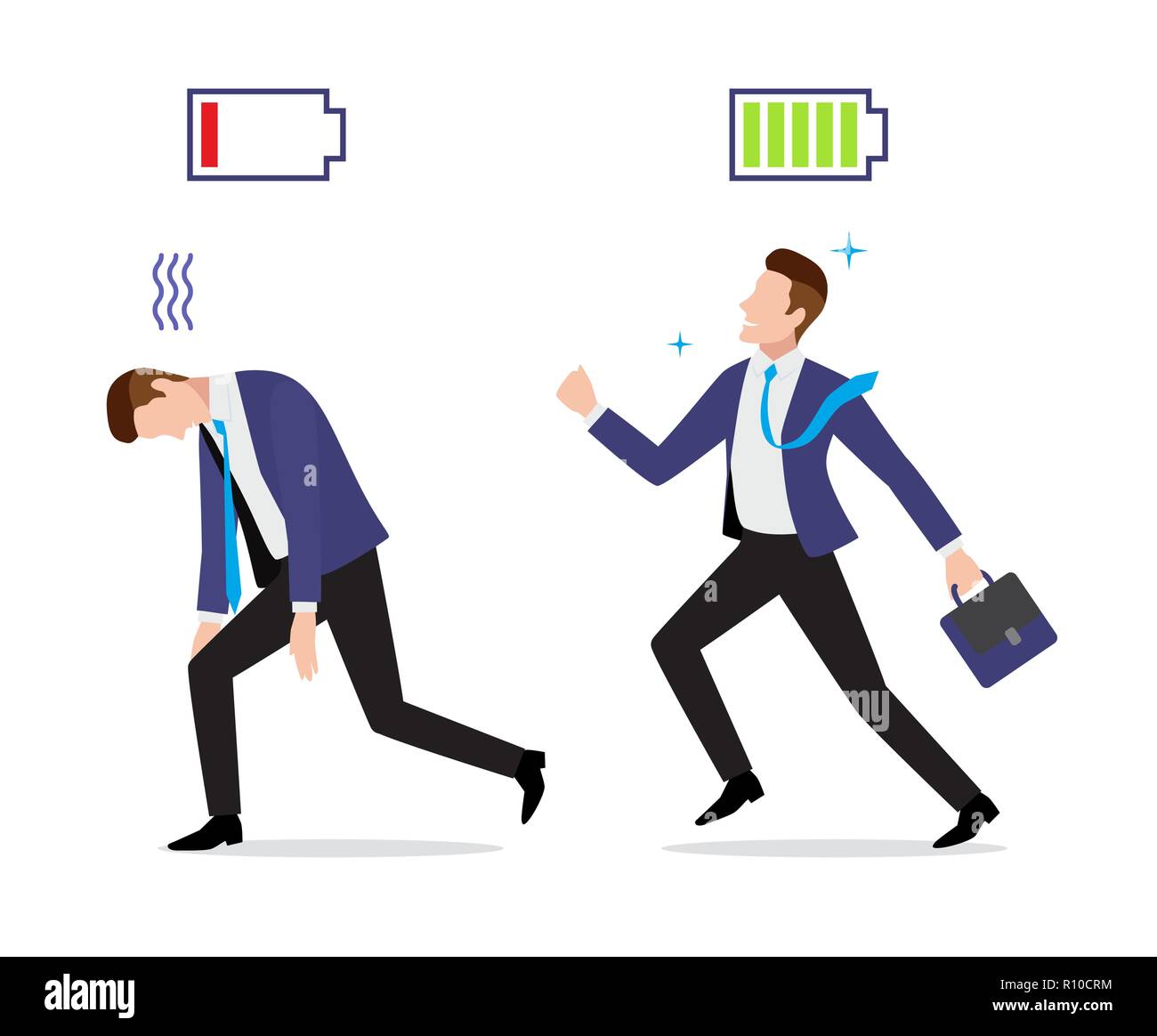 Stressed overworked and vigorous businessman with charged and discharged battery icon Stock Vector