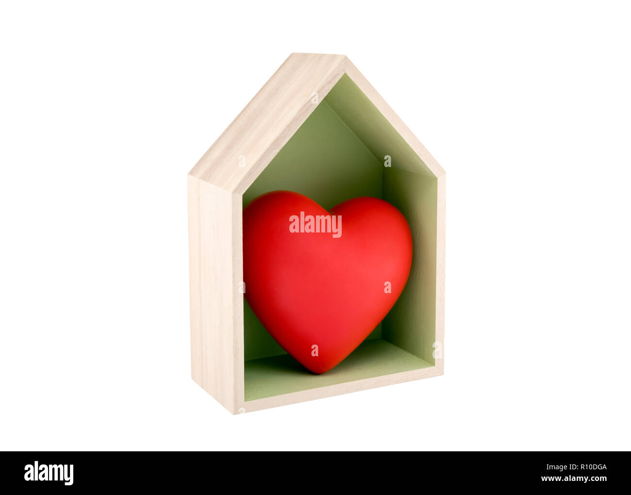 Wooden house with red heart isolated on white with clipping path Stock Photo