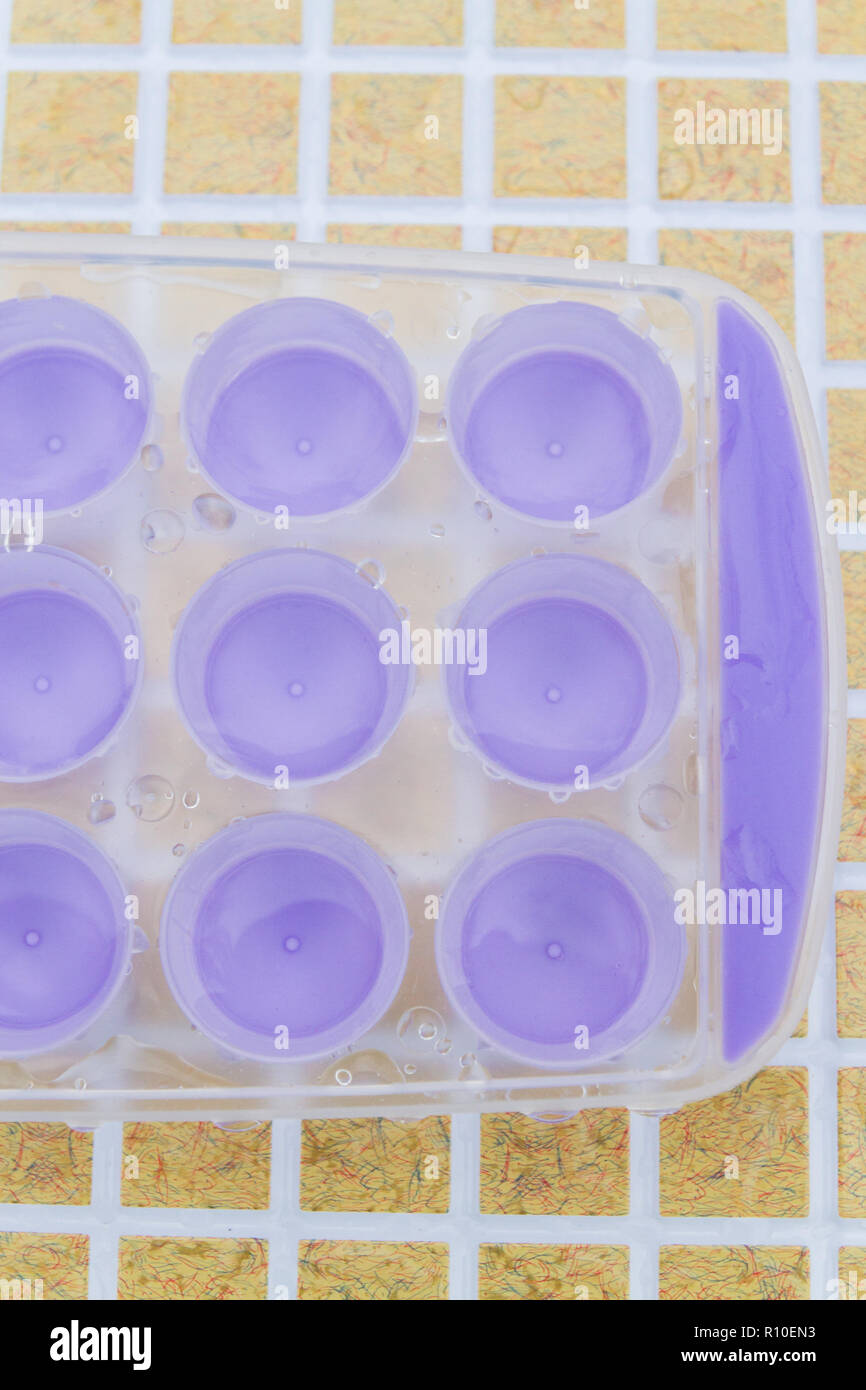 The water is poured into a purple plastic ice mold Stock Photo - Alamy