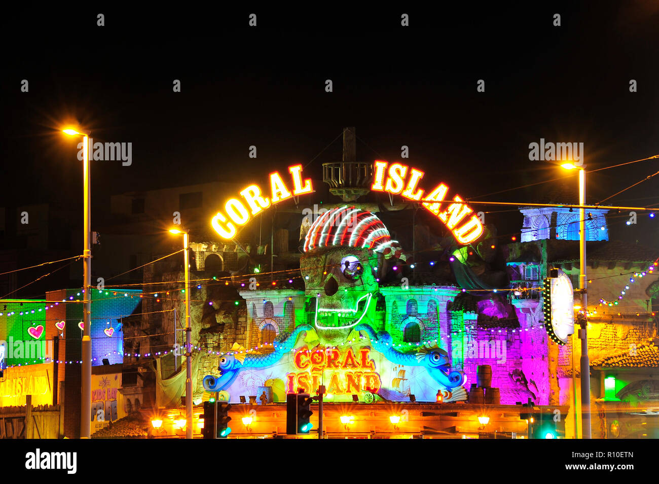Coral Island amusement arcade at night on Blackpool seafront during the