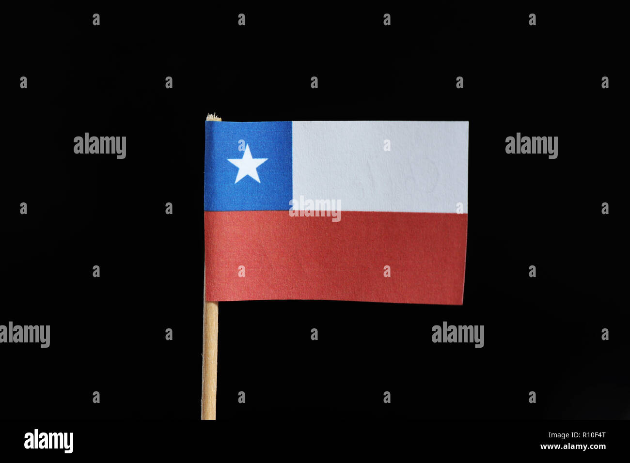 A official flag of Chile  on toothpick on black background. A horizontal bicolor of white and red with the blue square ended on the upper with white s Stock Photo