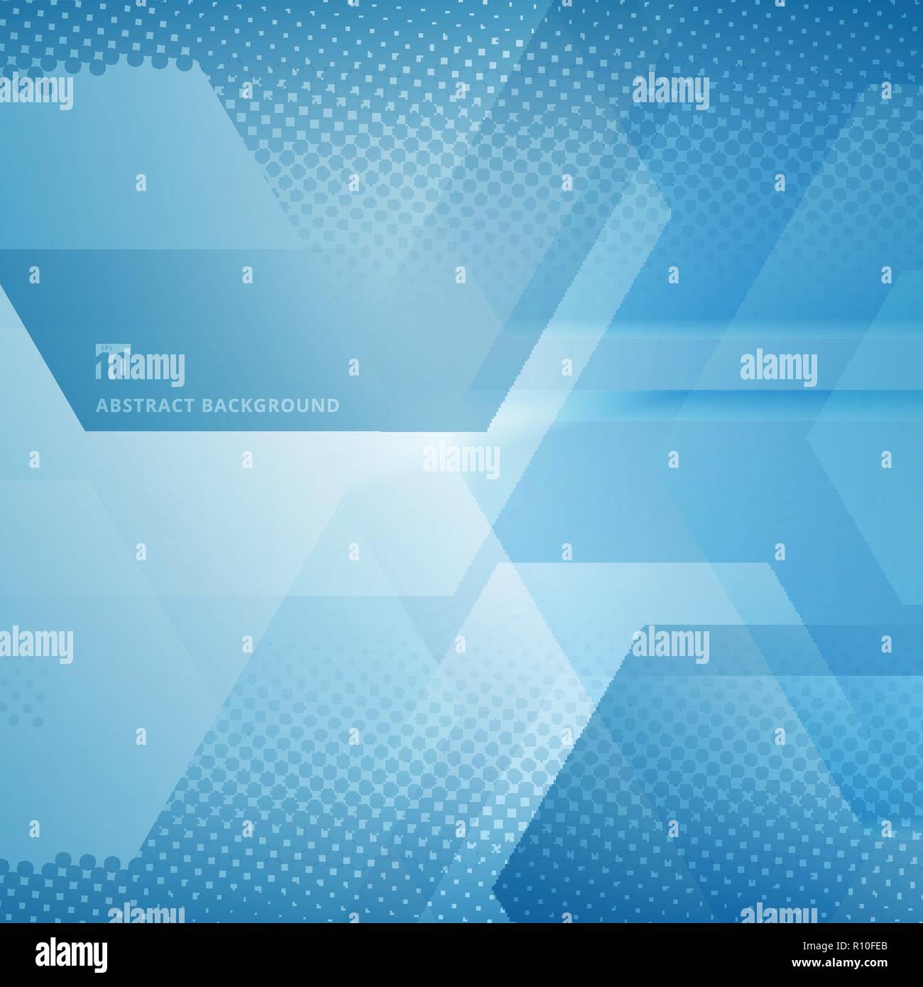 Abstract geometric hexagons overlapping with halftone white and blue ...