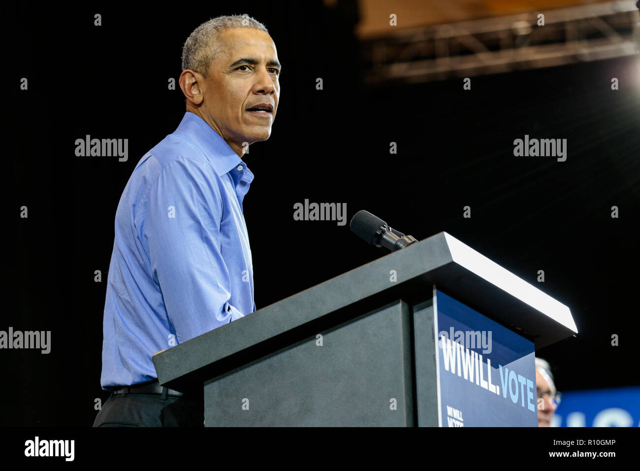 Former U.S. President Barack Obama speaks during a campaign rally for democratic candidates in Milwaukee, Wisconsin on October 26, 2018. Stock Photo