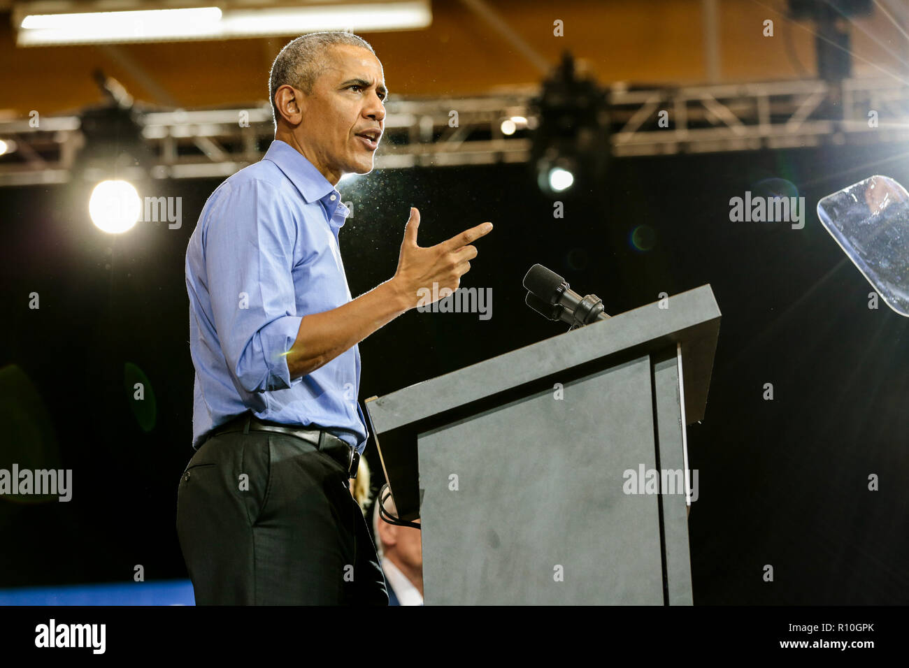 Former U.S. President Barack Obama speaks during a campaign rally for democratic candidates in Milwaukee, Wisconsin on October 26, 2018. Stock Photo