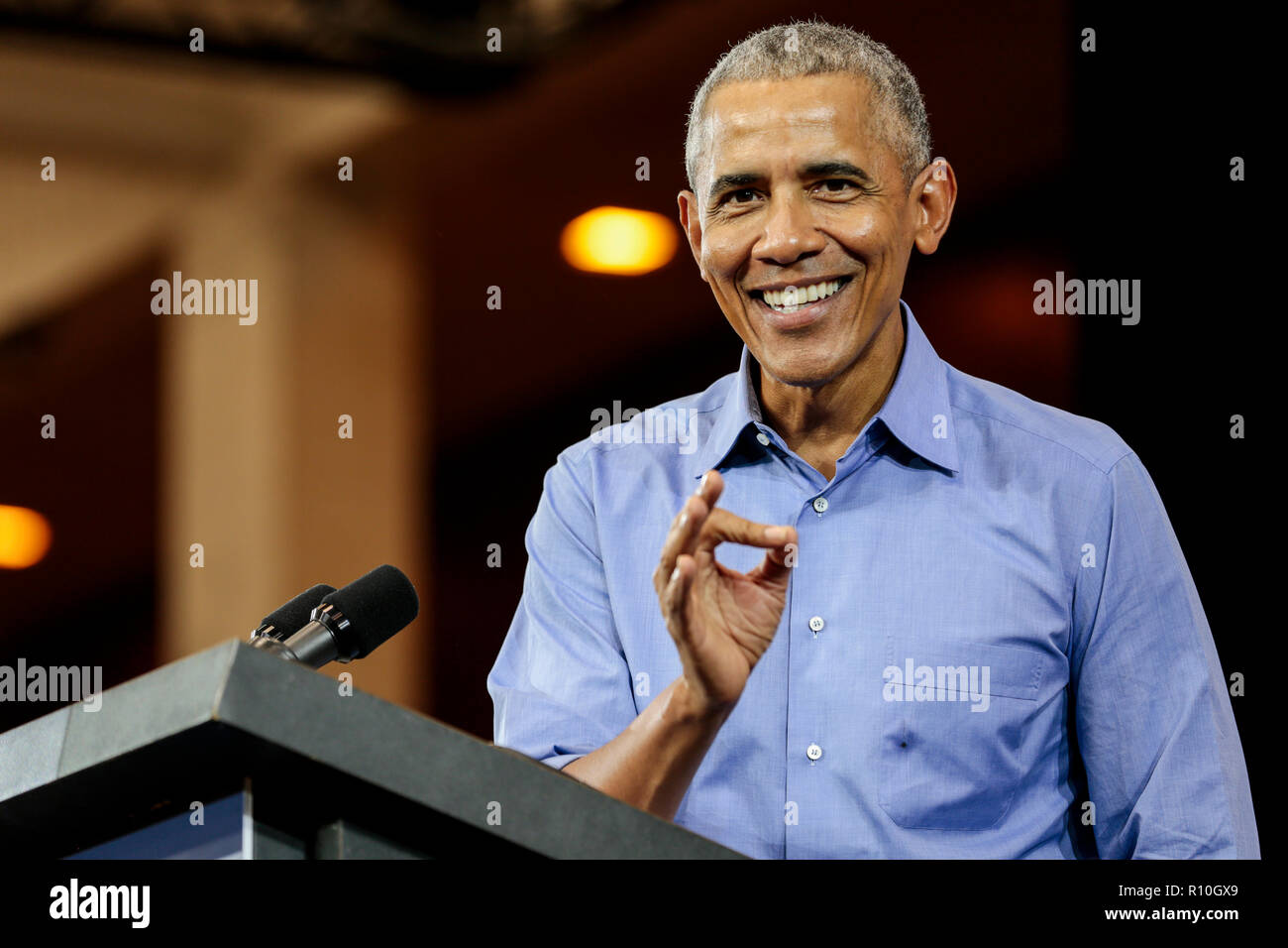 Former U.S. President Barack Obama speaks during a campaign rally for democratic candidates in Milwaukee, Wisconsin on October 26, 2018. Stock Photo