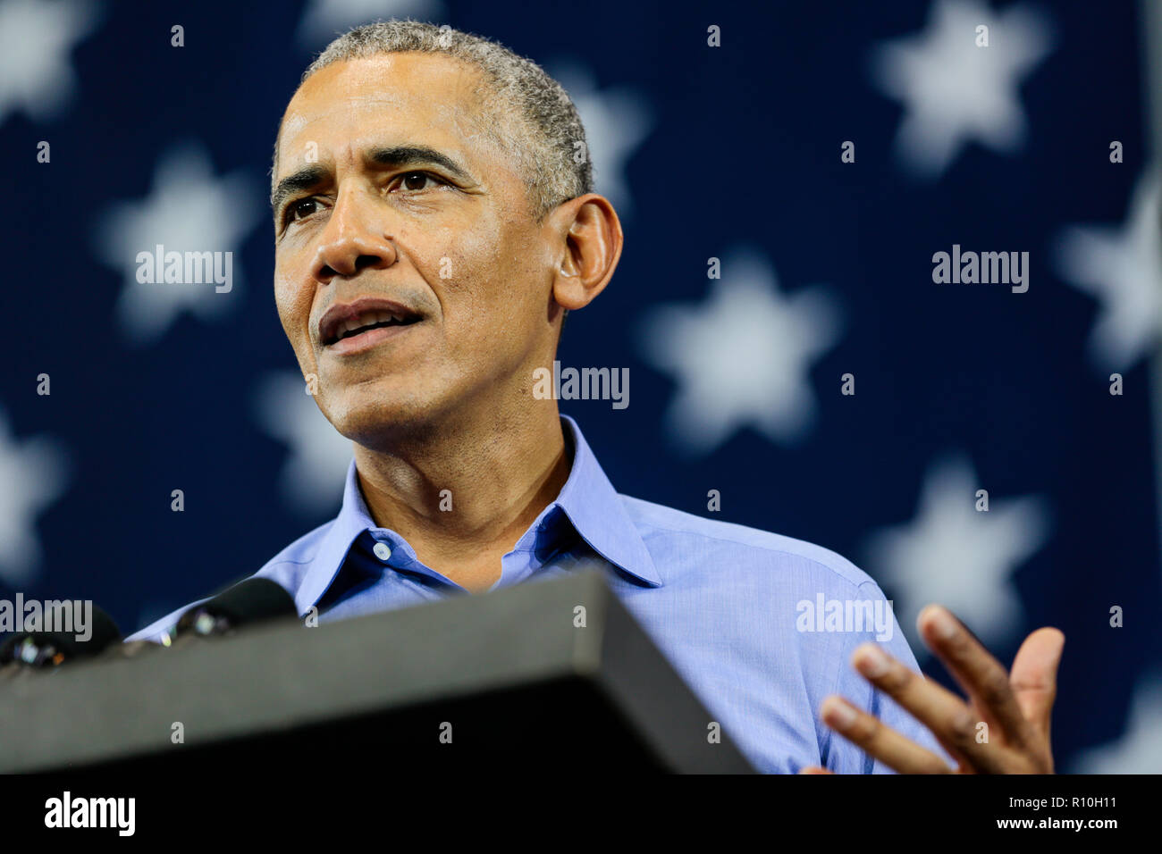 Former U.S. President Barack Obama speaks during a campaign rally for democratic candidates in Milwaukee, Wisconsin on October 26, 2018 Stock Photo