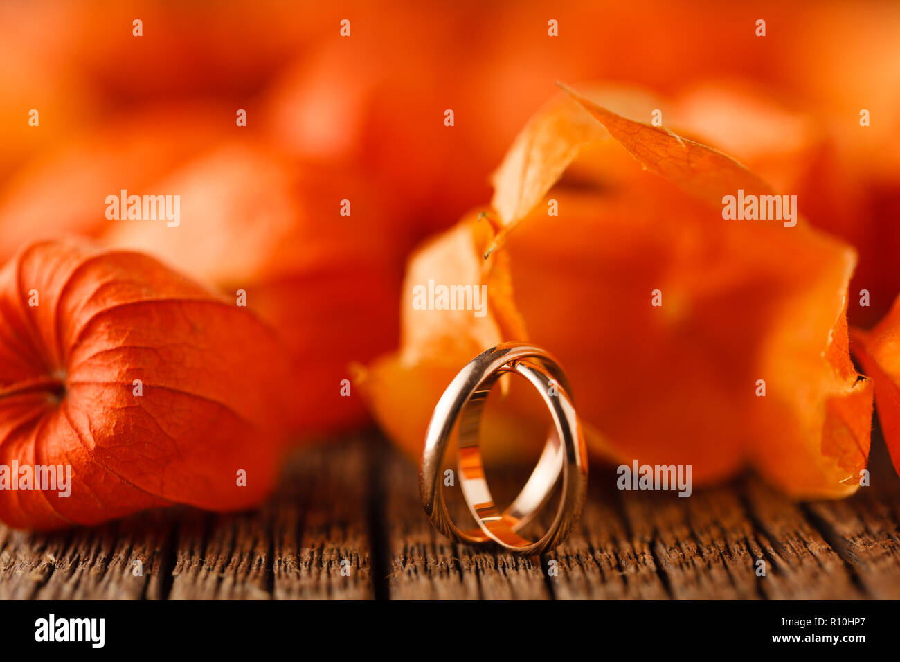 Wedding Decoration Red Leaves On Weathered Table With Wedding