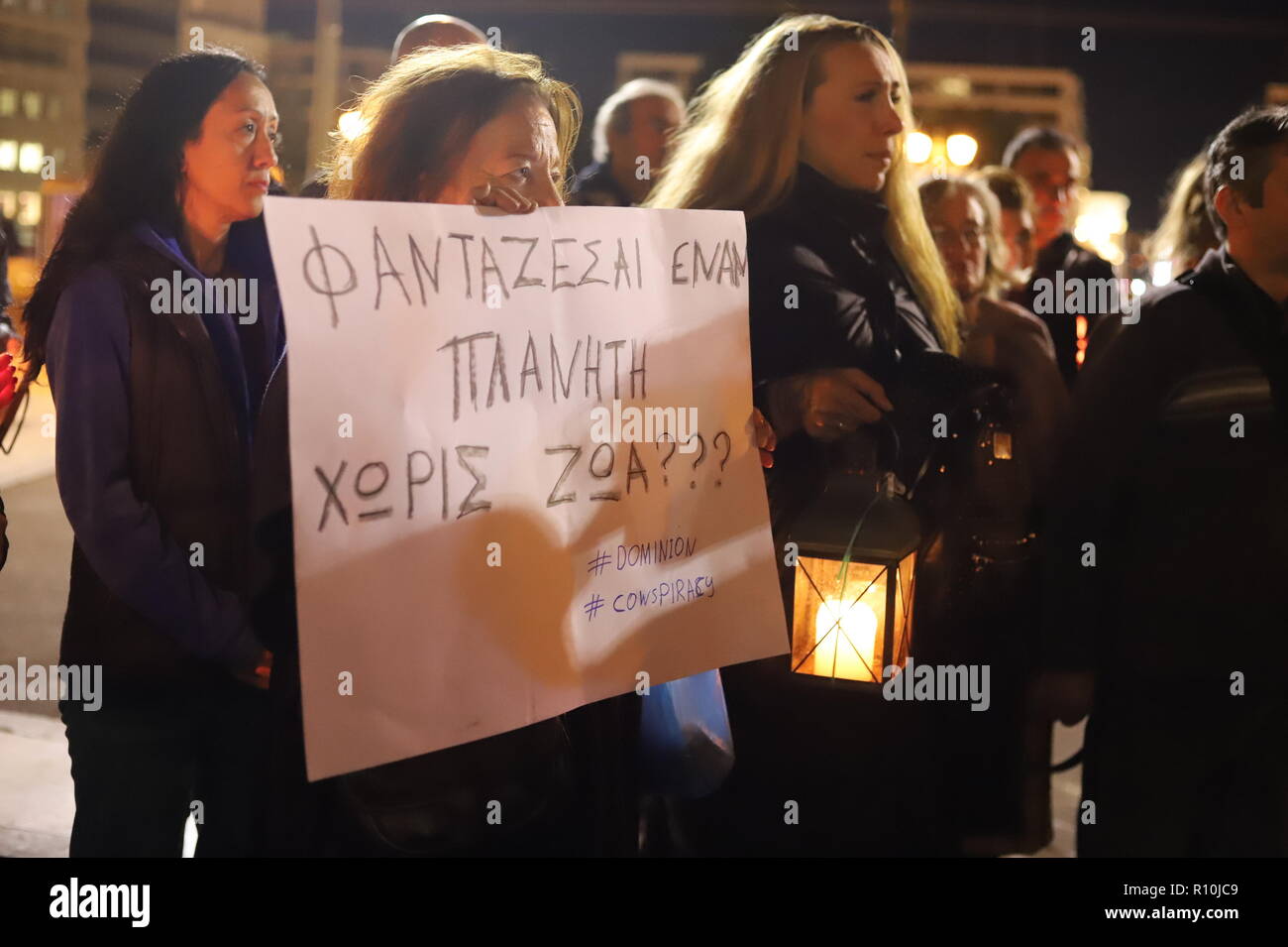 Athens, Greece. 07th Nov, 2018. Greek animal rights activists demonstrate in Syntagma Sqaure against all forms of animal abuse holding candles in silence. Credit: George Panagakis/Pacific Press/Alamy Live News Stock Photo