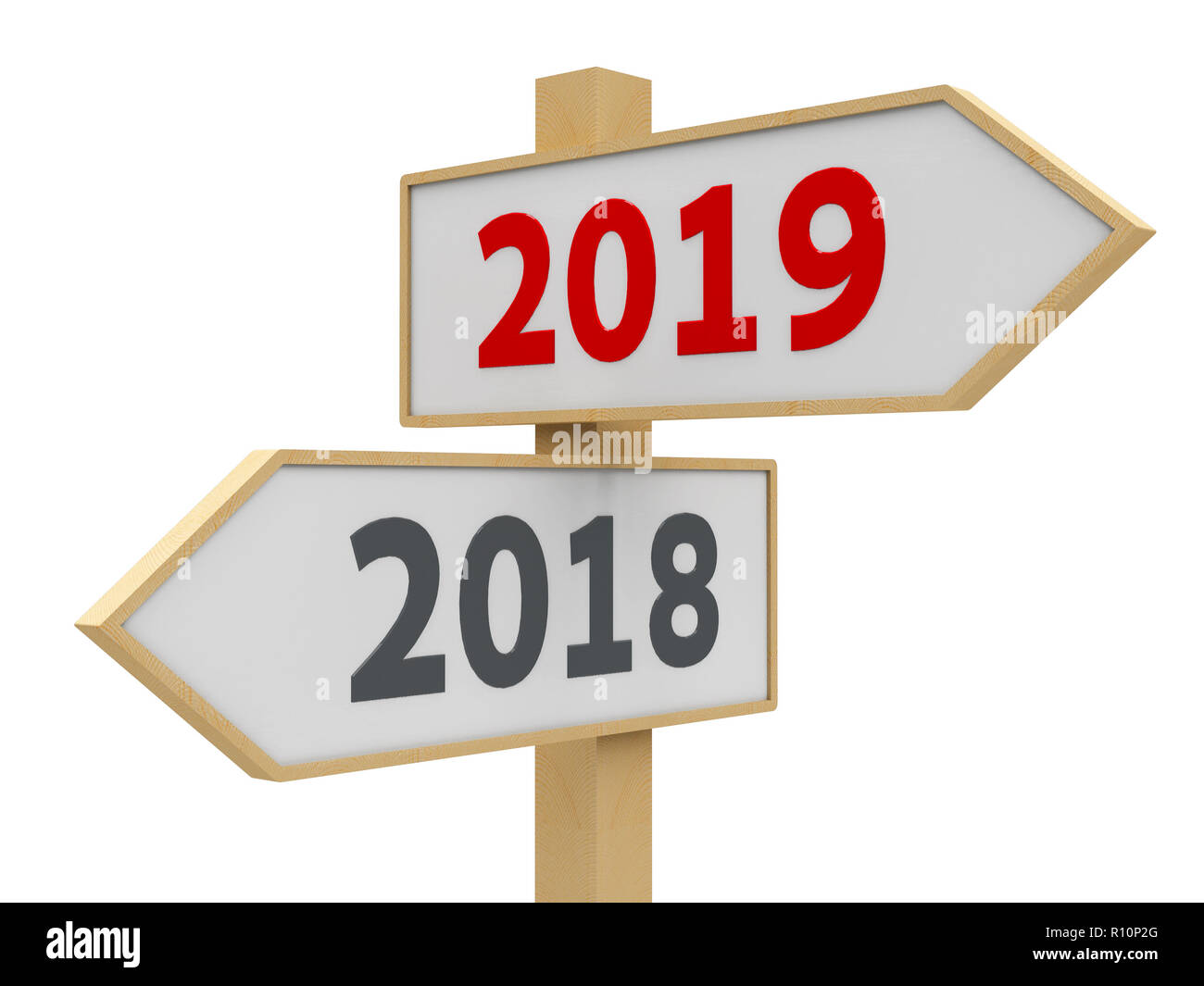 Road sign with 2018-2019 change on white background represents the new 2019, three-dimensional rendering Stock Photo