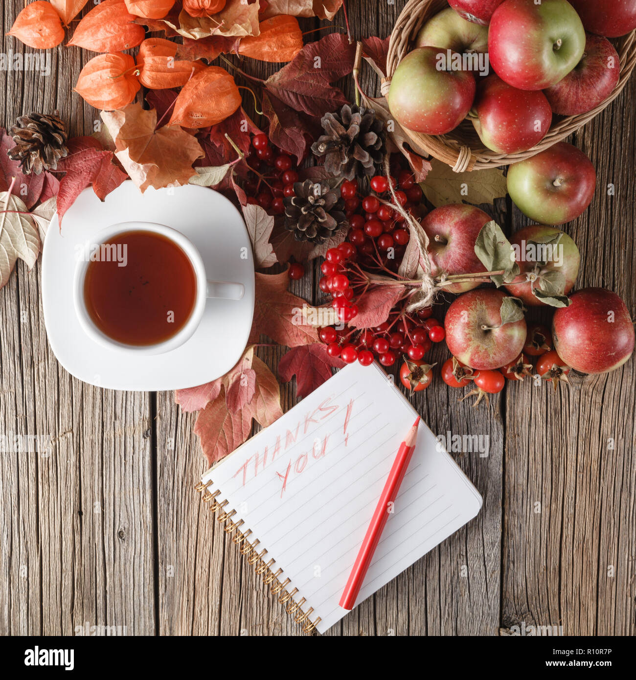 Fall wealth with message thank you in note on rustic wooden background ...