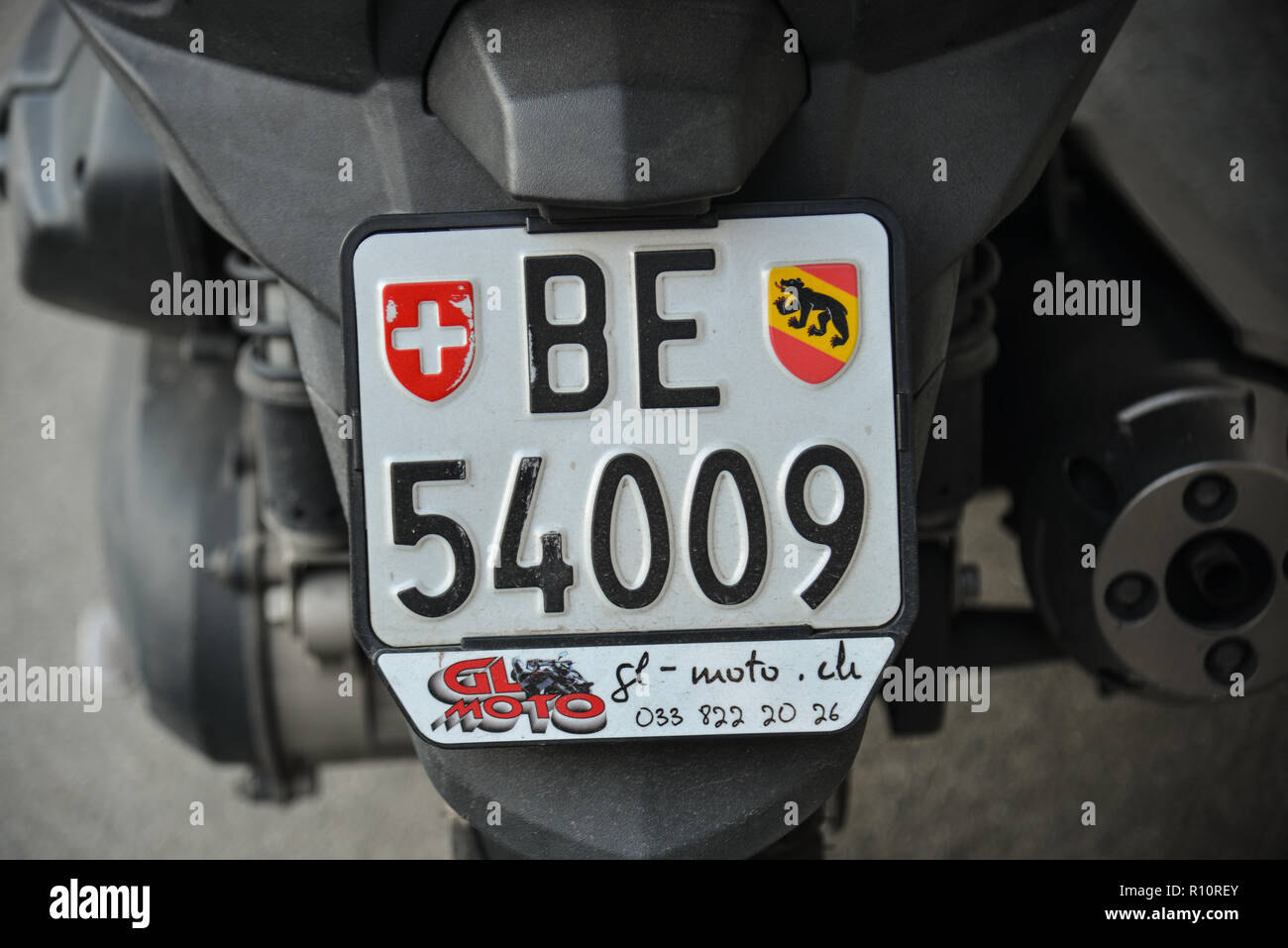 Grindelwald, Switzerland Oct 21, 2018. Motorcycle license plate in