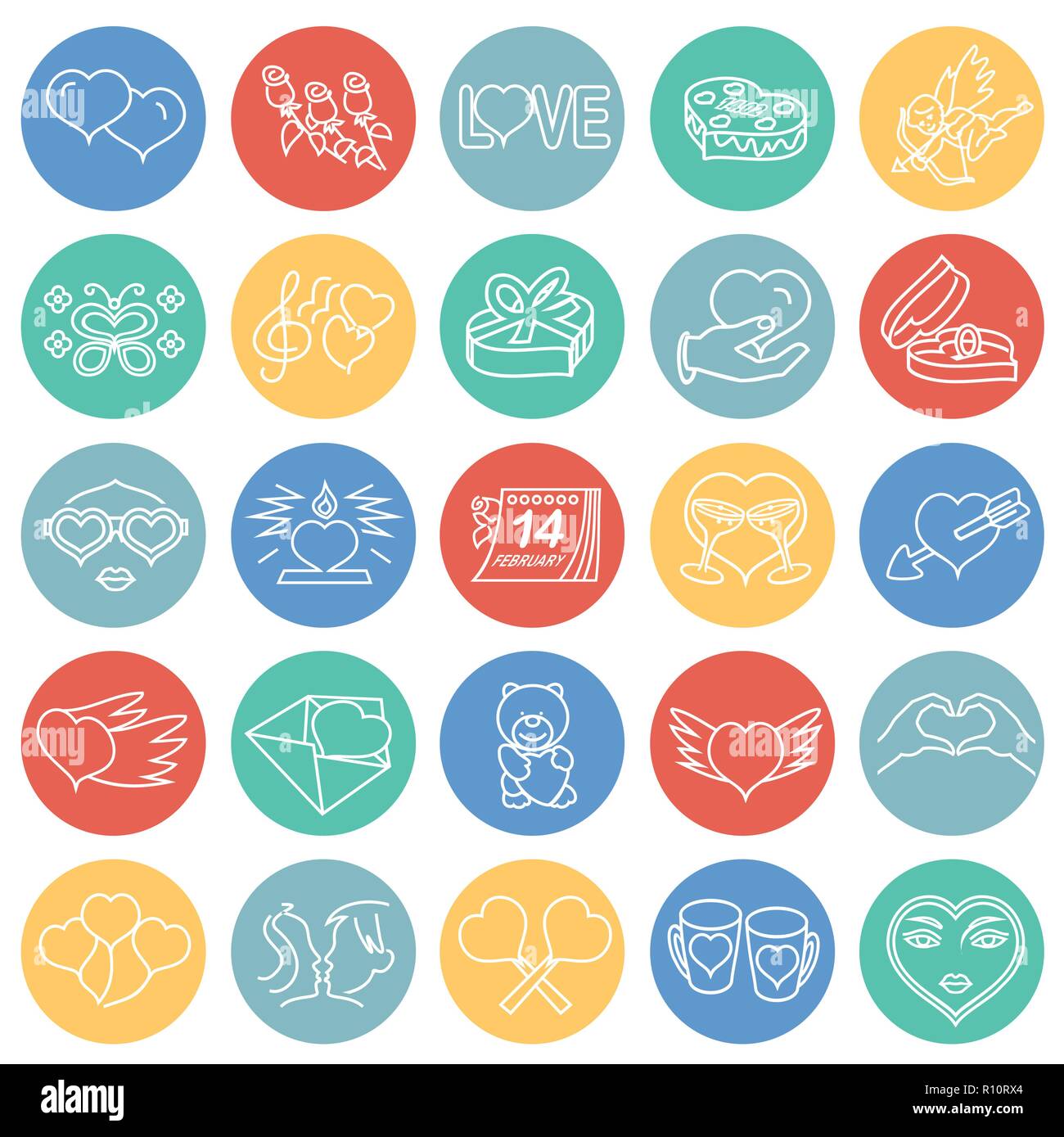 Valentines day thin line set on color circles white background icons ...