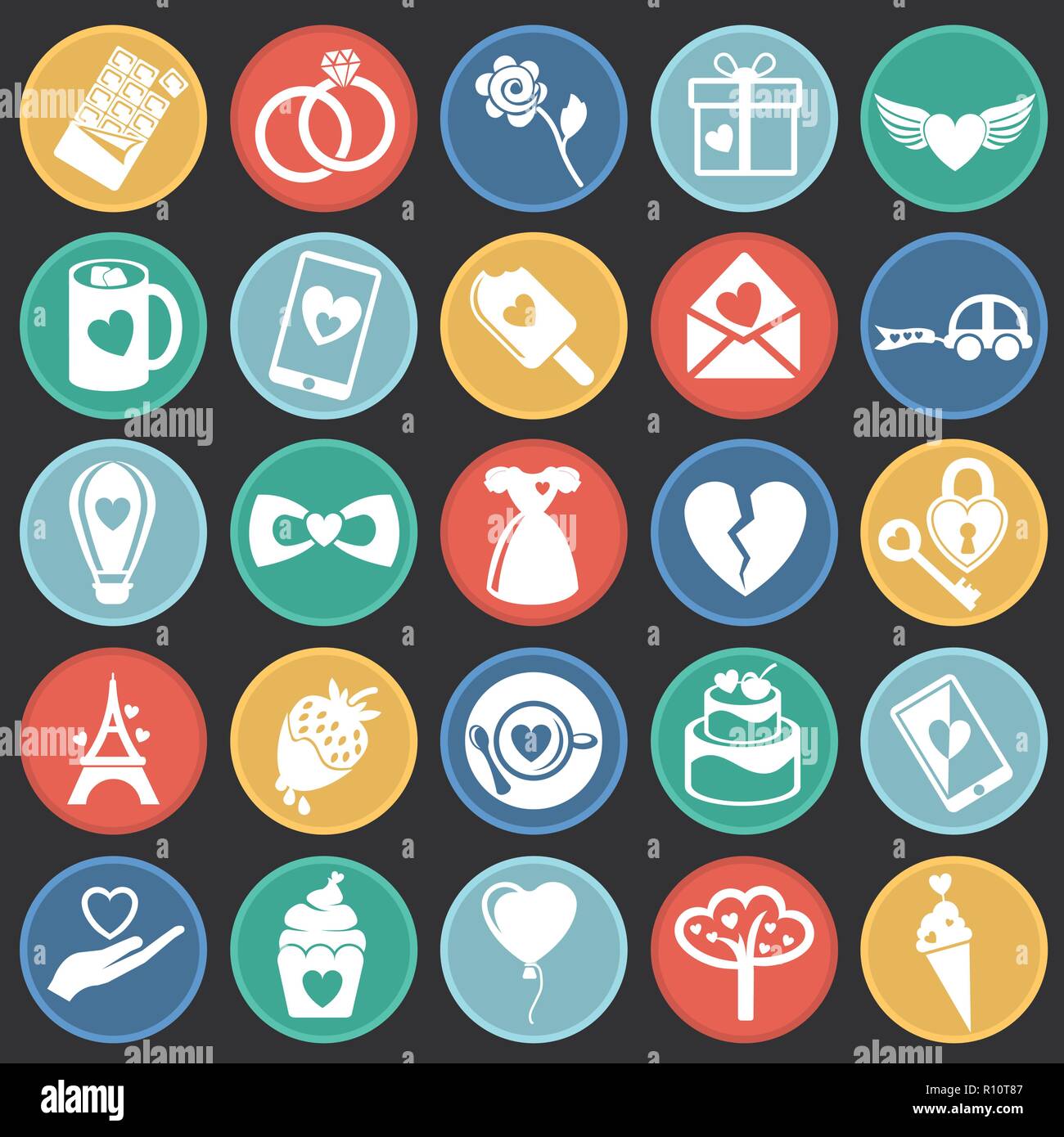 Valentines day set on color circles black background icons Stock Vector ...