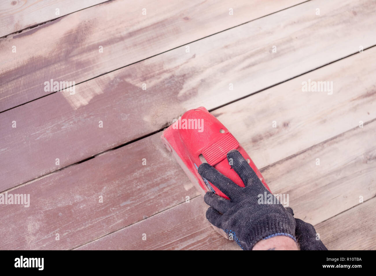 Wood Floor Polishing Maintenance Work By Grinding Machine Men S