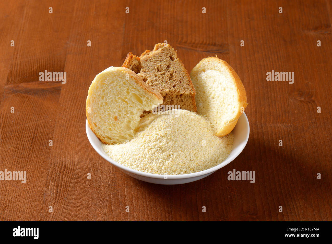 Stale bread and finely ground breadcrumbs Stock Photo