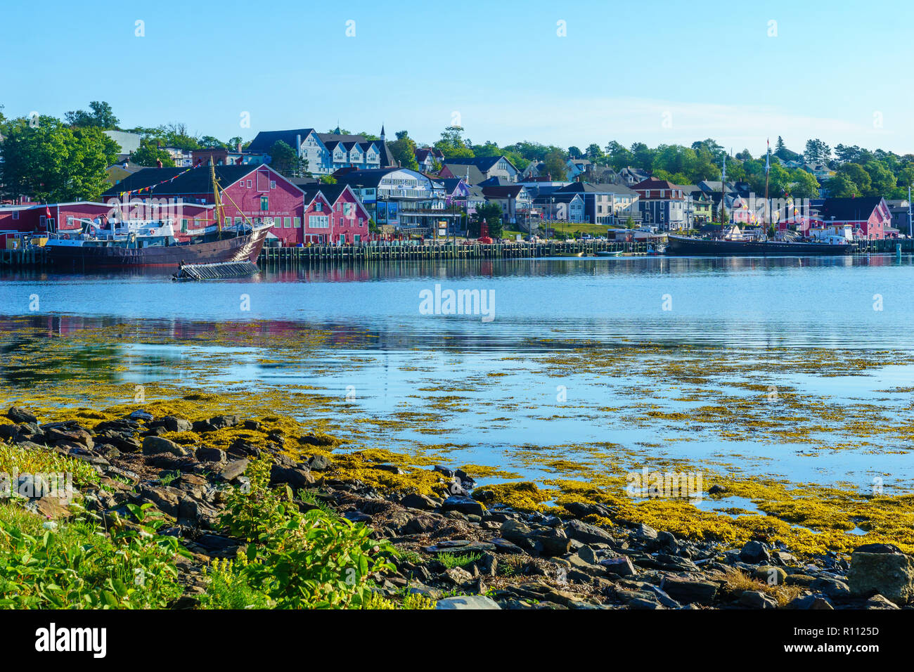 Lunenburg, Canada - September 21, 2018: Morning view of the waterfront and port of the historic town Lunenburg, Nova Scotia, Canada Stock Photo
