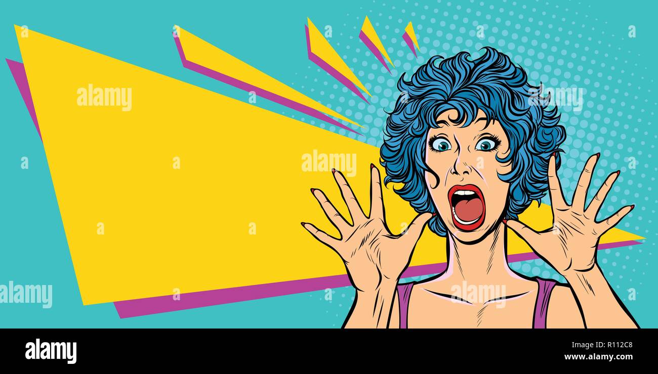 woman panic, fear, surprise gesture. Girls 80s Stock Vector