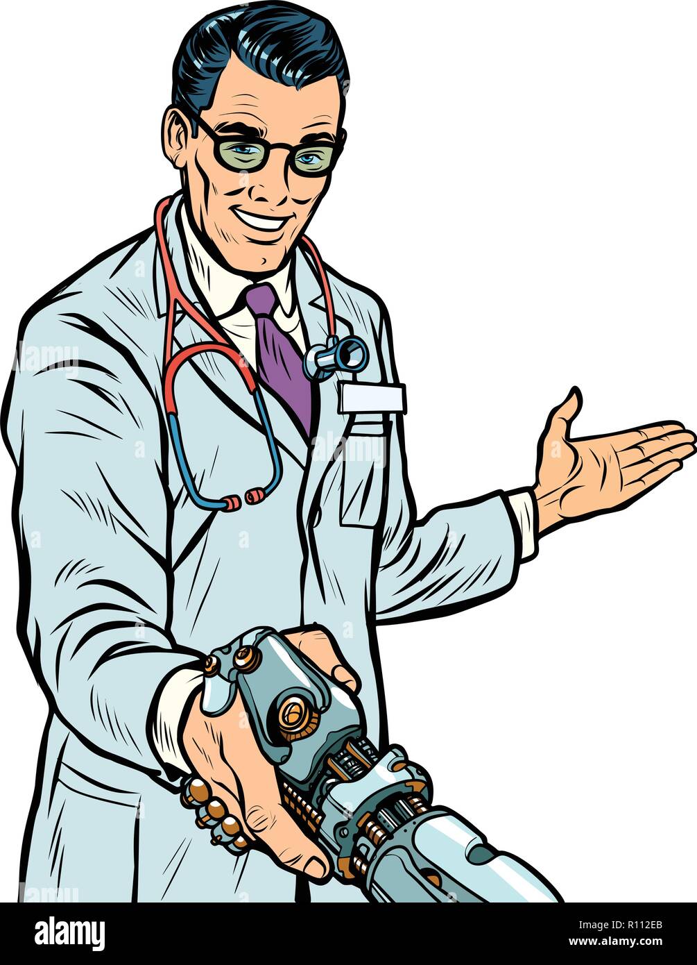 doctor handshake to robot, medicine and health care. Prosthesis  Stock Vector