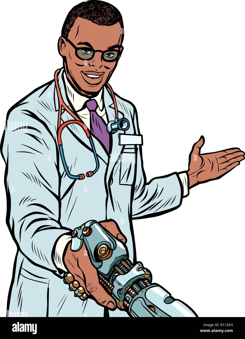 African doctor handshake robot, medicine and health care. Prosth Stock Vector