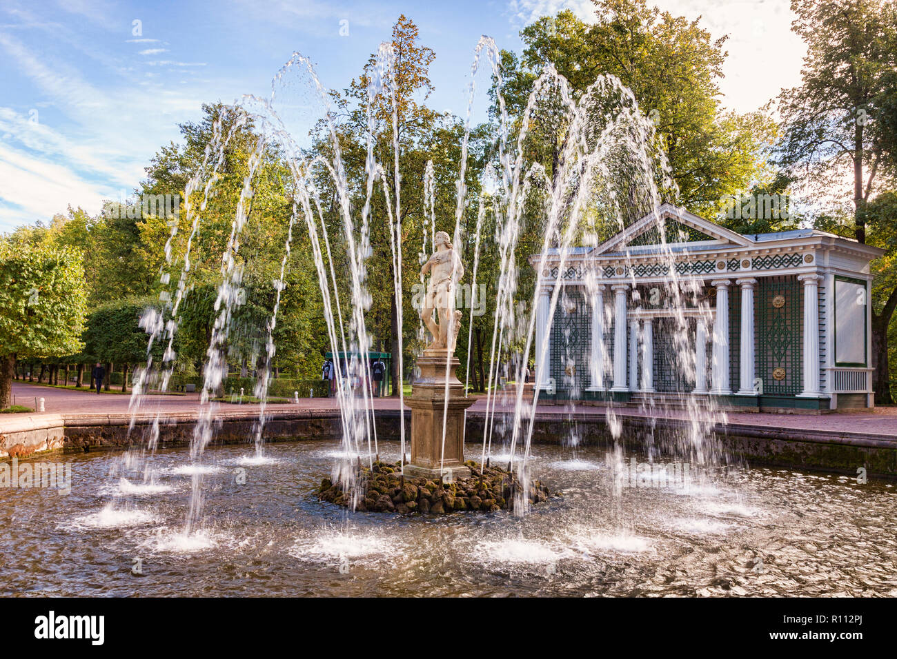 18 September 2018: St Petersburg, Russia - The Adam Fountain,  in Peterhof Palace Fountain Gardens. There is also a similar Eve fountain. Stock Photo