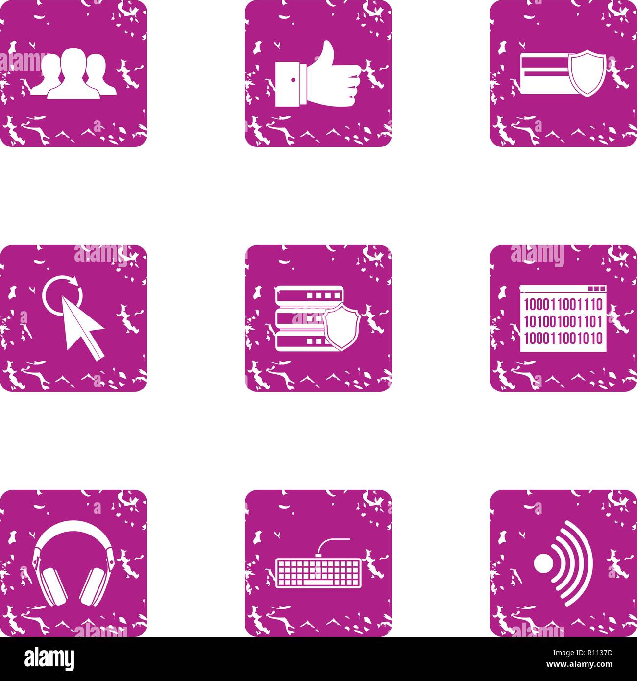 Computer attack icons set, grunge style Stock Vector