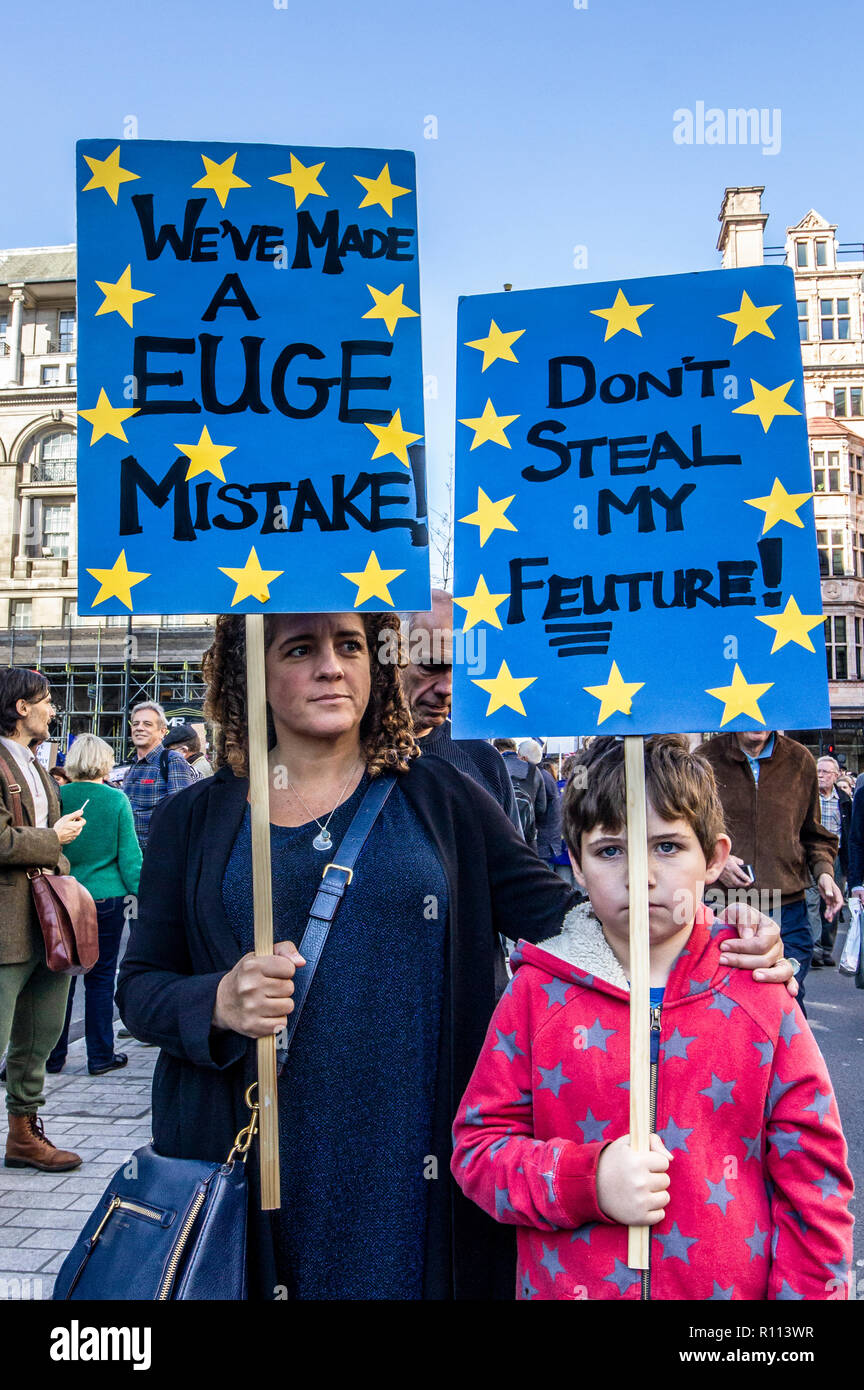 Mother and son on the People's Vote march for new Brexit referendum. London, UK. 20th October, 2018. Stock Photo