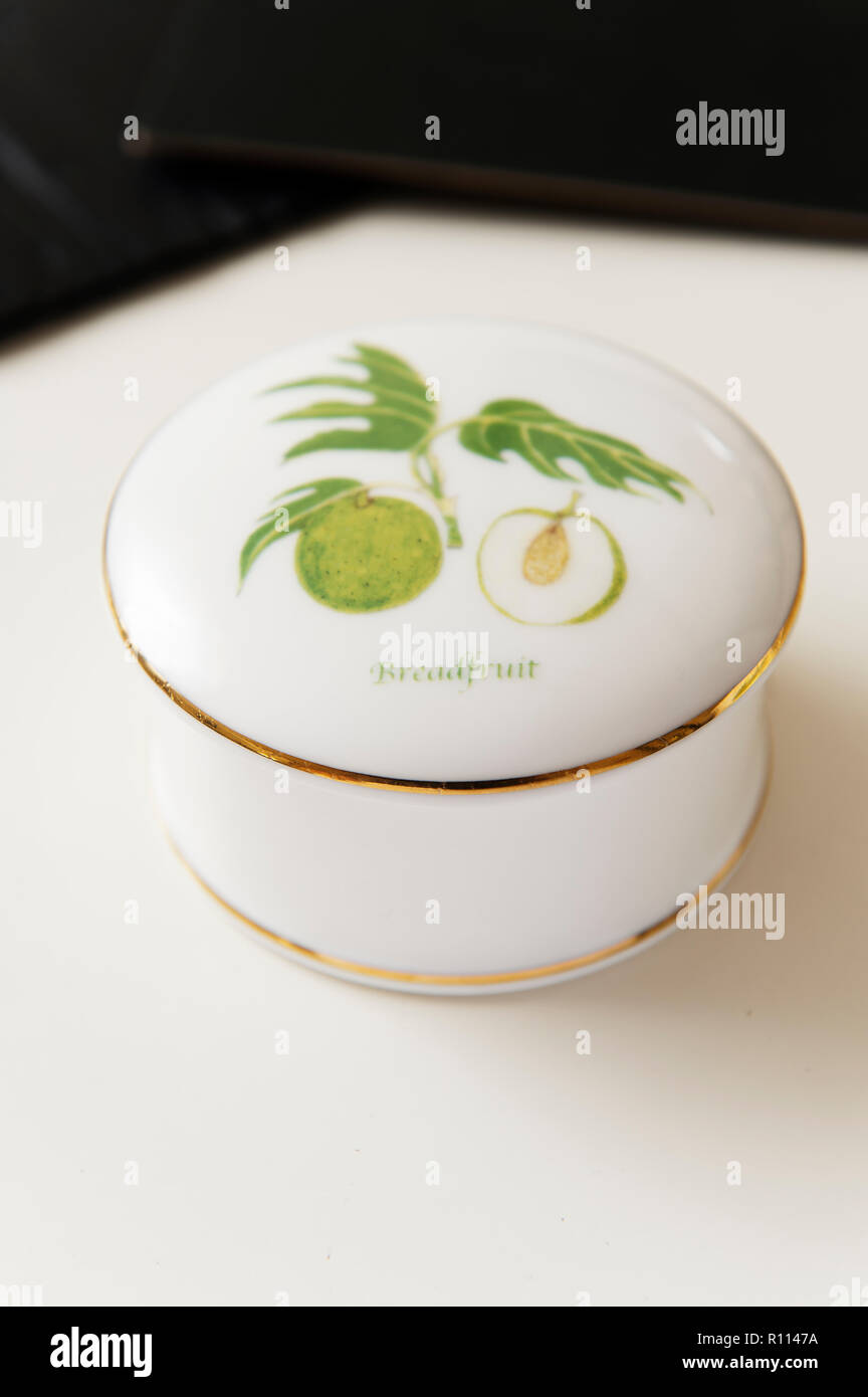 Breadfruit painted on bowl with lid Stock Photo