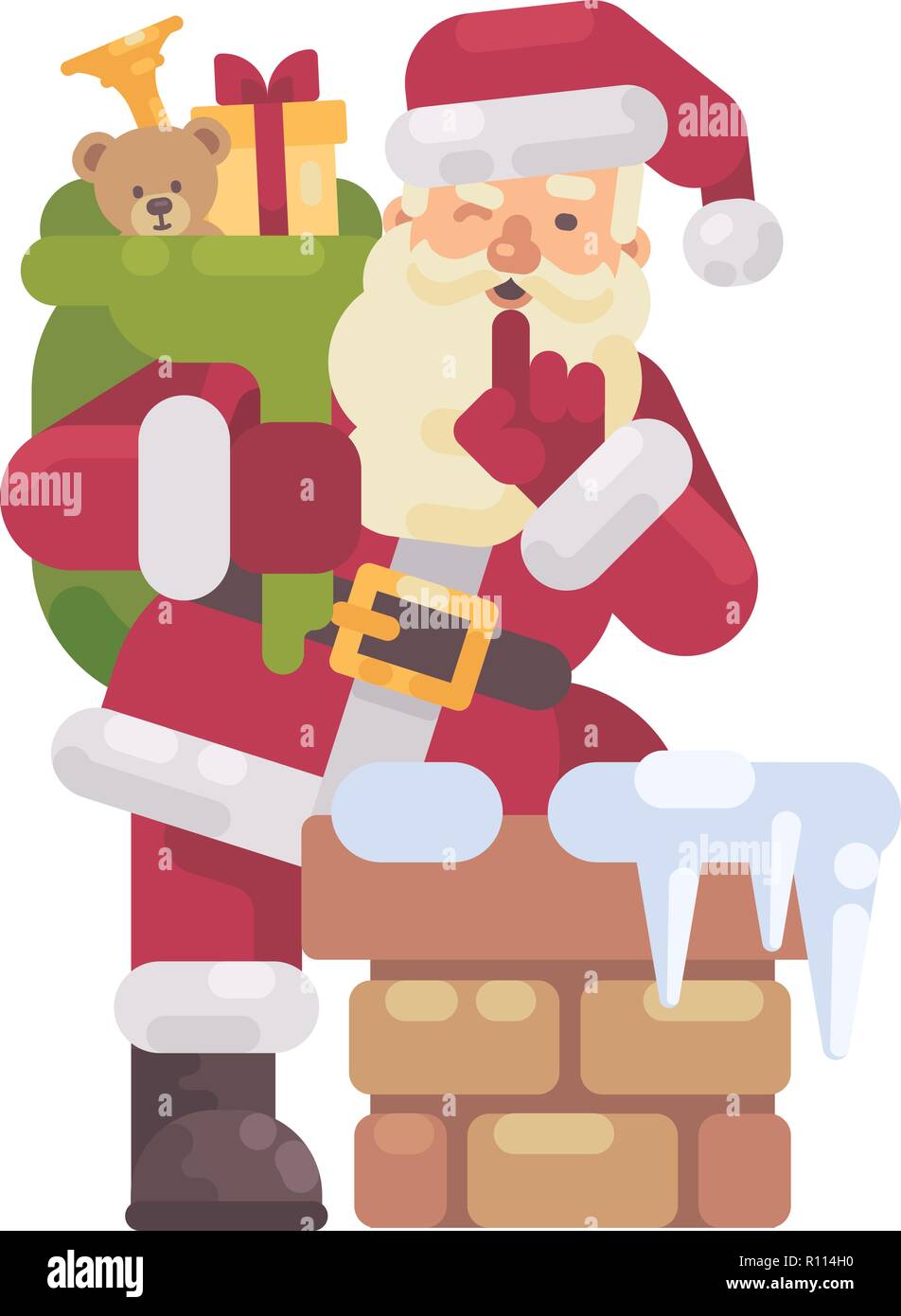 Santa Claus climbing into the chimney with a bag of presents. Christmas character flat illustration Stock Vector