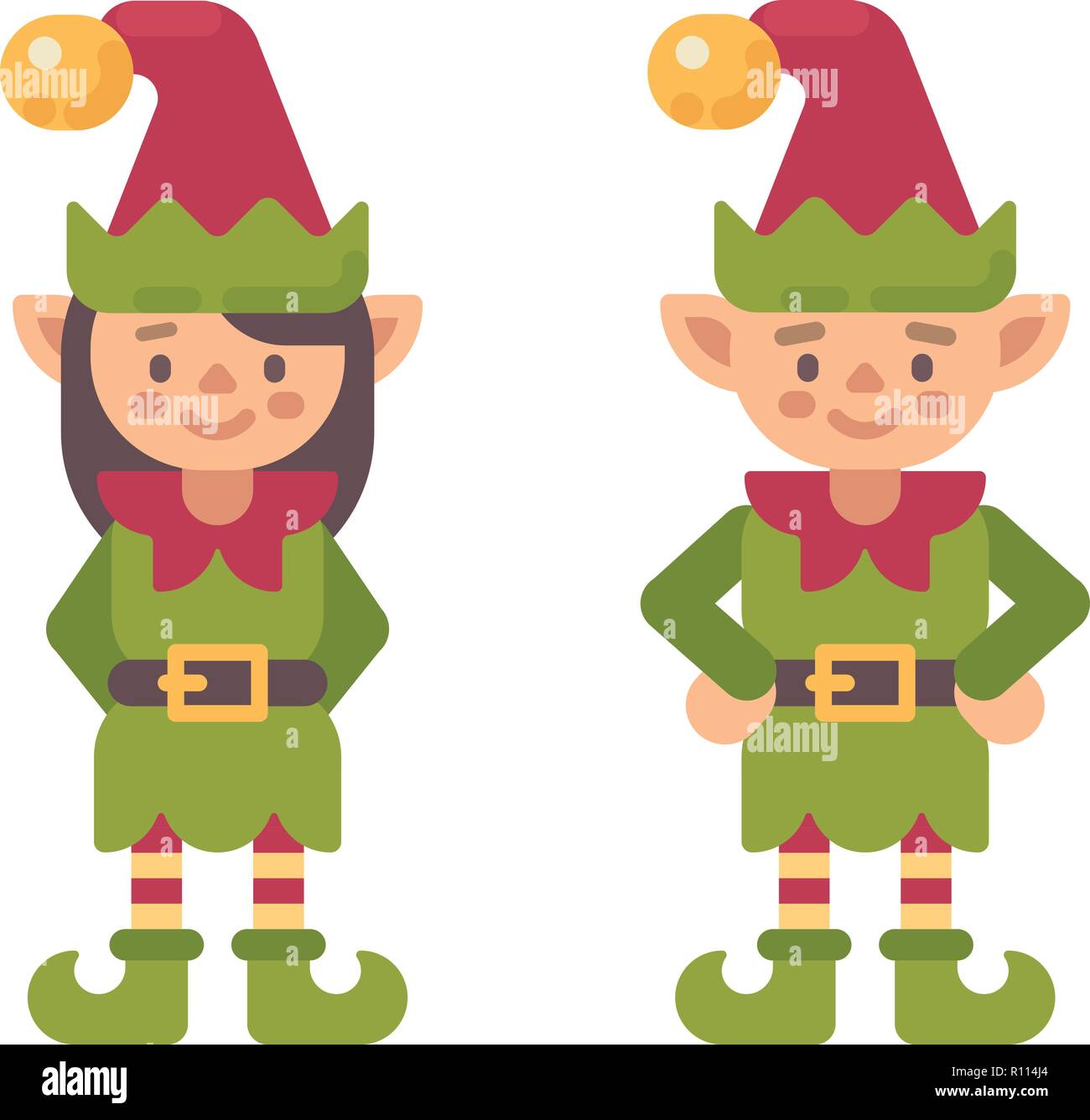 Two cute Christmas elves male and female. Santa Claus elf flat