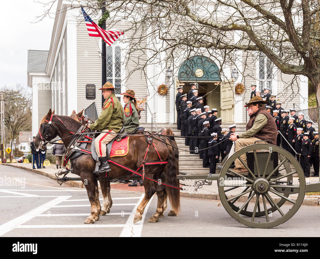 Military funeral procession at the Holy Family Parish in Concord, Mass for Medal of Honor recipient Captain Thomas Hudner. Stock Photo