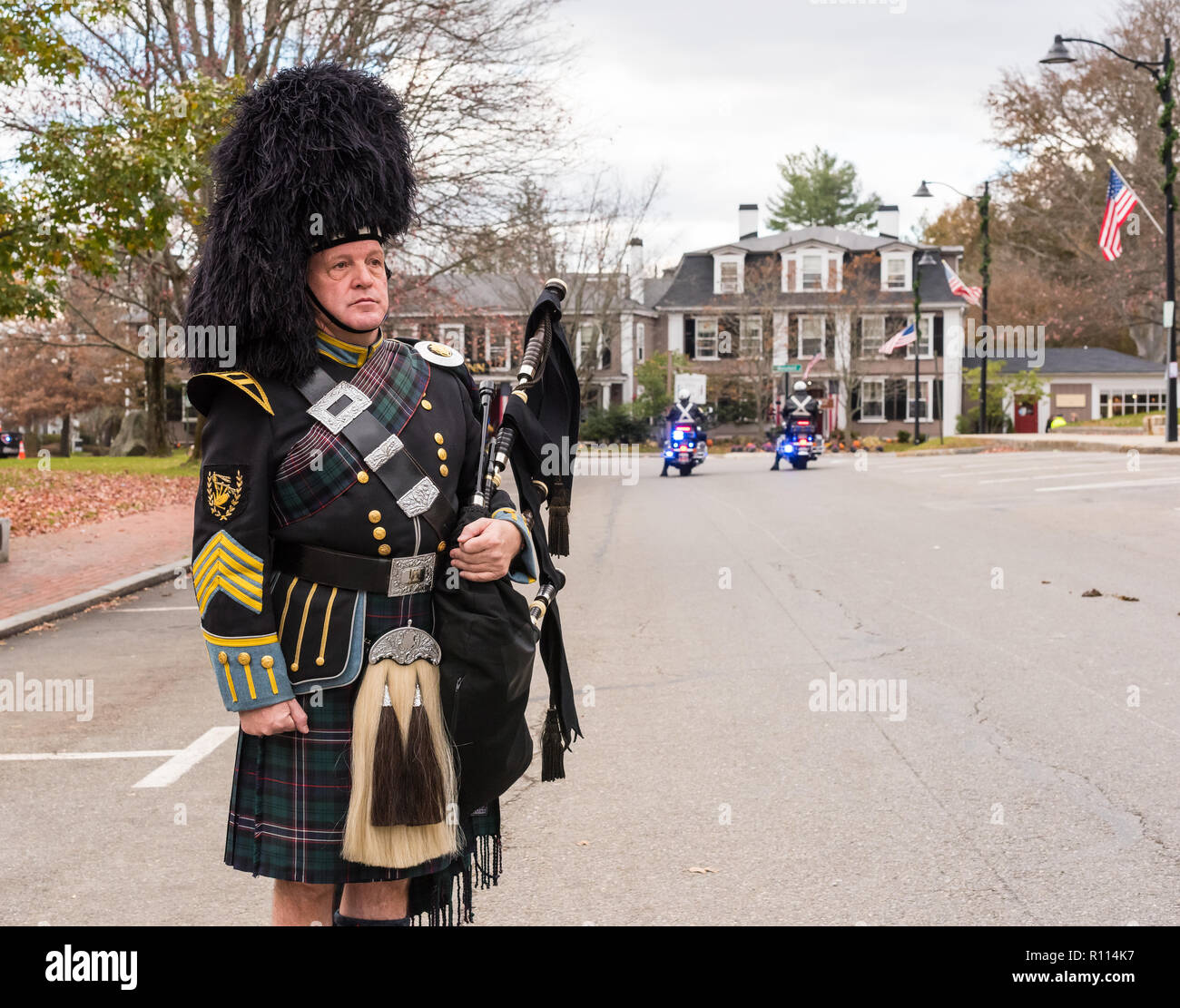 Bagpiper at the funeral procession for Medal of Honor recipient Captain Thomas J. Hudner. Stock Photo