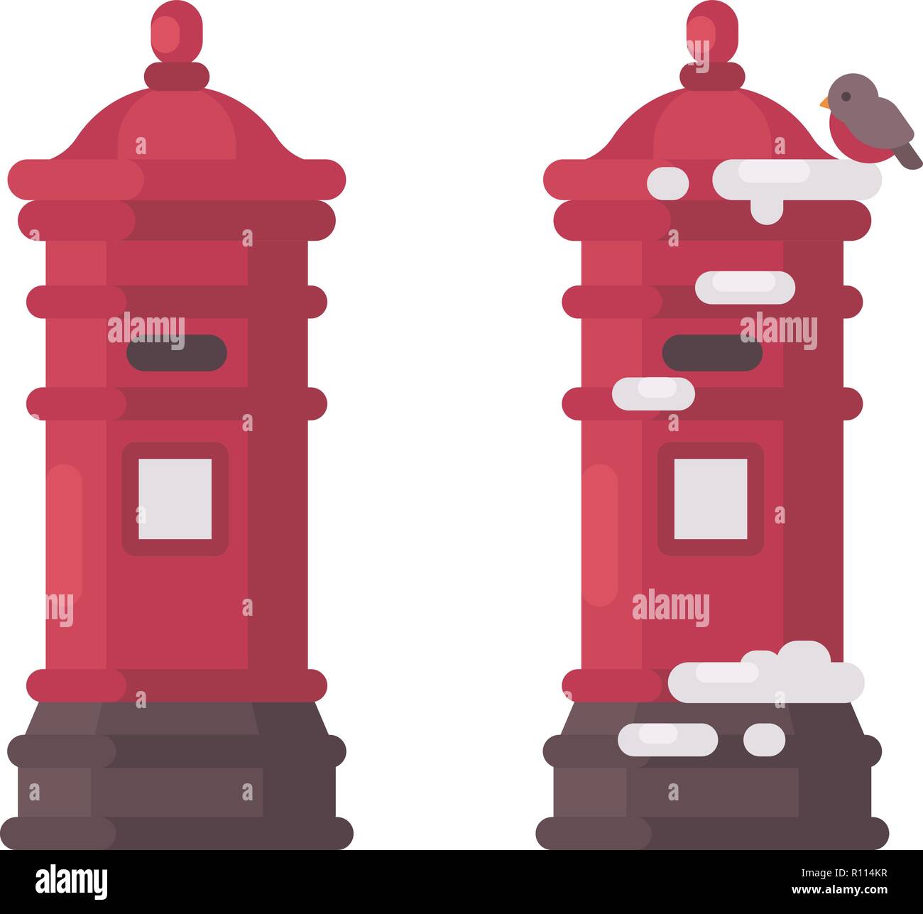 Two red vintage mailboxes with snow. Old postboxes waiting for letters to Santa Stock Vector